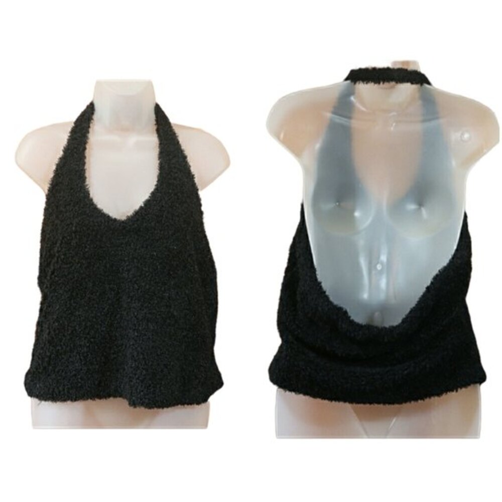Jane Hamill Fuzzy 90s Y2k Halter Top Black LG
